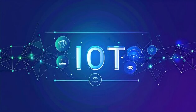 Glowing Iot Network Interface Displayed on Blue Digital Technology Background