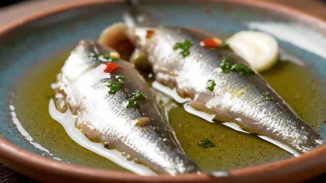 Delicious pickled marinated sardines or anchovies fillets in olive oil served on a blue rustic plate, garnished with herbs and chili flakes for an appetizer or tapas dish.