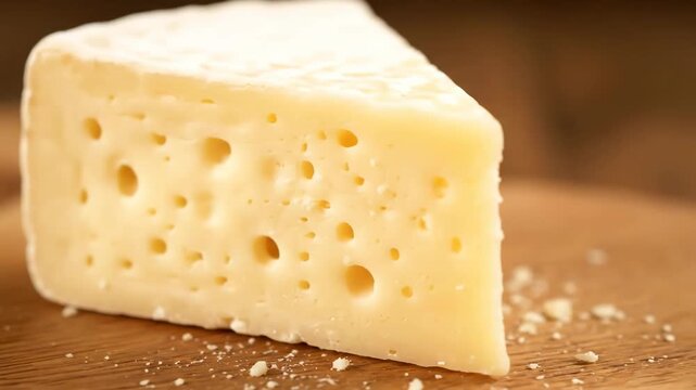 Closeup of a wedge of yellow semi-hard cheese, likely emmental or swiss, featuring characteristic large holes (eyes), resting on a rustic wooden cutting board.