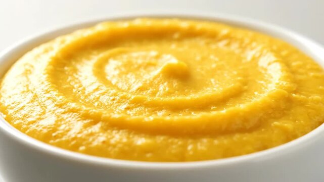 Extreme close-up of bright orange creamy vegetable pur&eacute;e or thick soup texture served hot in a white ceramic bowl. healthy homemade butternut squash or pumpkin dish background.