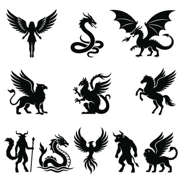 Mythical creature silhouettes legendary fantasy beasts, ancient folklore symbols, magical beings in bold black vector art