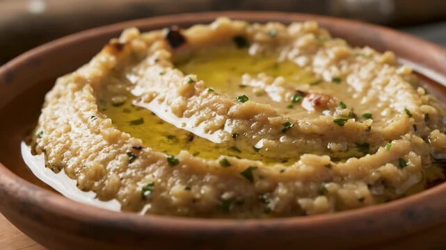 Delicious creamy fava bean mash (foul mudammas) or hummus dip drizzled with olive oil and fresh parsley served in a rustic terracotta bowl.