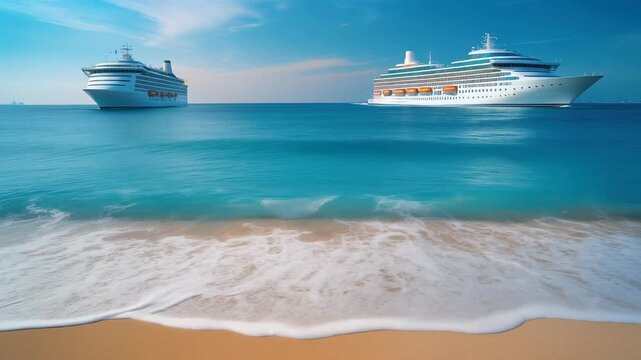 Luxury Cruise Ships Near Tropical Beach 4K Generative AI