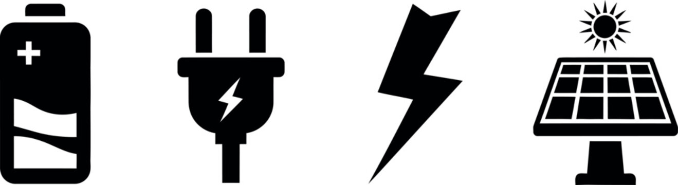 Renewable Energy Icons Set with Battery, Plug, Lightning Bolt and Solar Panel