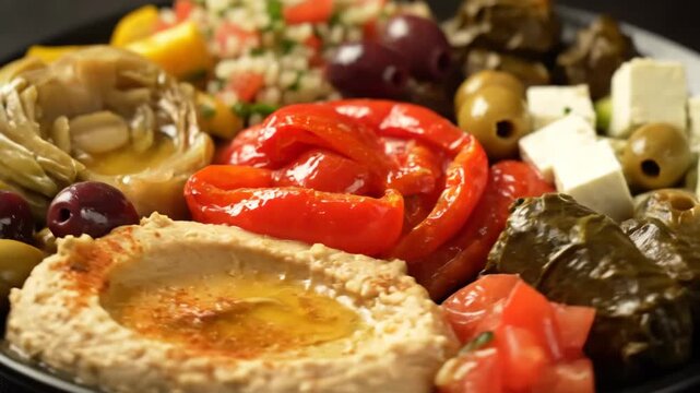 Delicious and colorful close-up of a mediterranean mezze platter featuring hummus, tabbouleh, roasted peppers, marinated artichoke hearts, olives, and feta cheese.