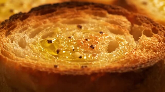 Close-up macro shot of golden toasted bread with glistening olive oil and garlic seasoning, ready for bruschetta or italian appetizer