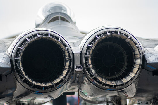 Cherry Point, North Carolina - May 9 2026: Twin jet exhaust nozzles on military aircraft display