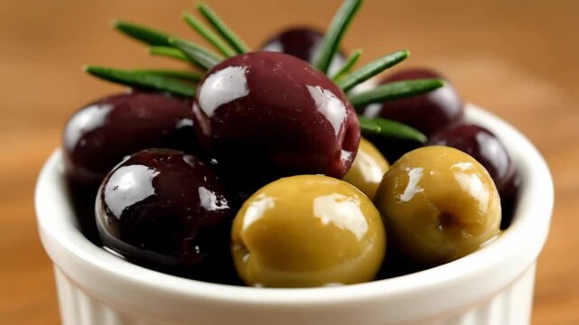 Close-up of glossy black and green olives garnished with fresh rosemary in a small white ramekin, highlighting mediterranean cuisine and healthy appetizer preparation.