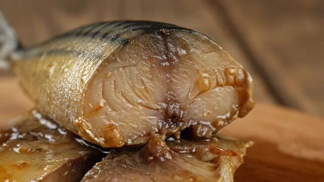 Close-up macro shot of cooked and glazed mackerel fillet. delicious smoked fish dish served on a rustic wooden board.