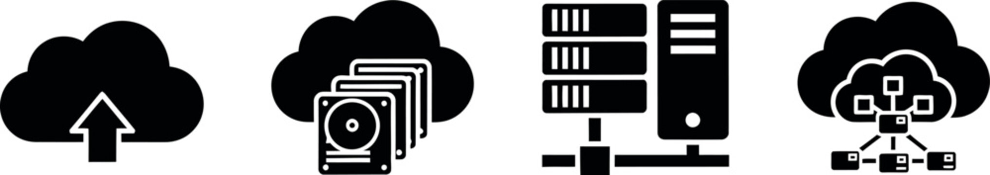 Minimalist black line art icons depicting cloud, camera, and server technology concepts.