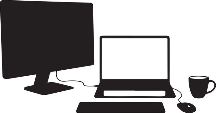 Black computer monitor laptop keyboard mouse and coffee