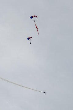 Cherry Point, North Carolina - May 9 2026: Chuters Jump Team parachutists descend during air show