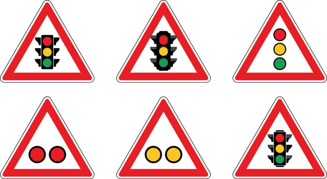 Traffic Signal Warning Sign Collection with Road Safety Triangles, Driving Alert Symbols, and Transportation Vector Illustration Icons