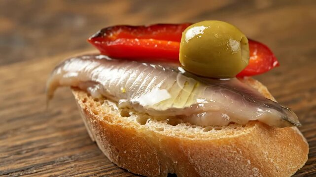 Close-up of traditional spanish pintxo featuring marinated anchovy (boquerones), roasted red pepper, and a green olive on a slice of rustic bread, served on wood.