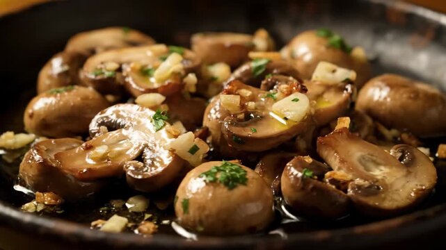Close-up of glossy saut&eacute;ed button mushrooms (champi��ones al ajillo) cooked in garlic butter or olive oil, garnished with fresh parsley, served in a rustic da