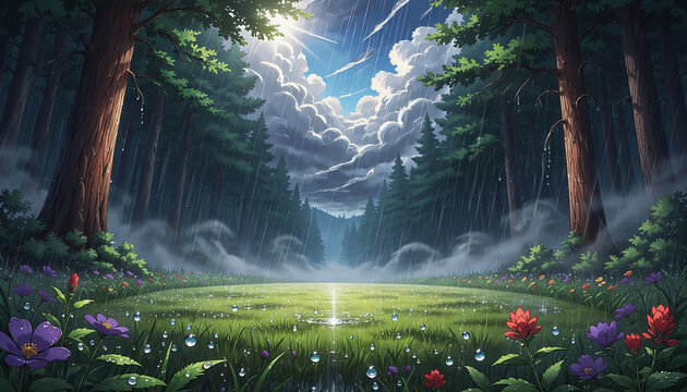 Sunshower Over Forest Meadow with Wildflowers Generative AI
