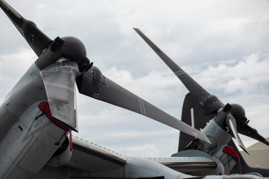 Cherry Point, North Carolina - May 9 2026: MV-22B Osprey rotor and engine details on static display