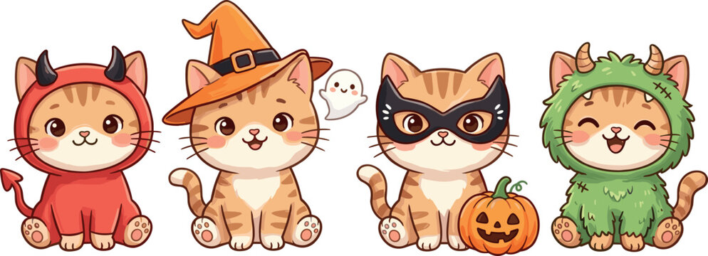 Cute Halloween Cat Characters Vector Set with Costume Kittens, Pumpkin Elements, Spooky Animal Mascots, and Cartoon Holiday Illustrations