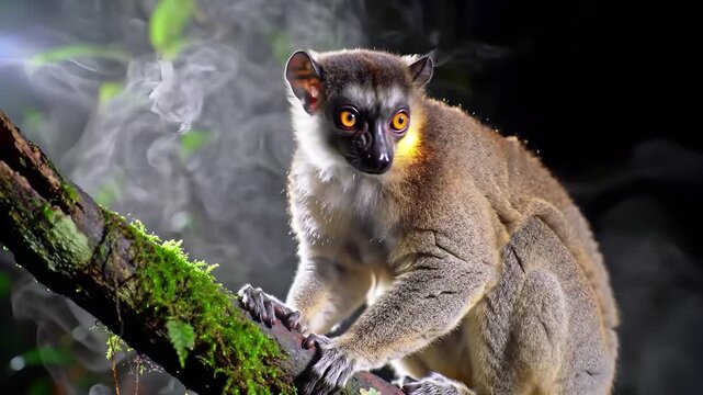 A nocturnal sportive lemur with large orange eyes perches on a mossy branch in a dark misty forest looking around observantly