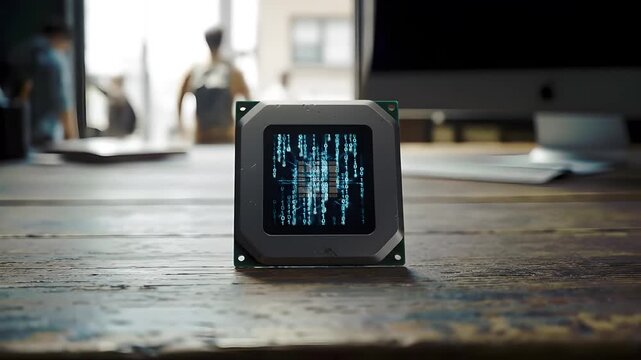 A computer processor on a wooden desk displaying a glowing blue binary code animation on its surface while people walk in a blurred office background