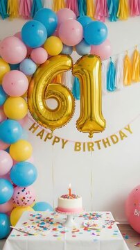 61st Birthday Party Decoration Setup with Gold Number Balloons and Cake for Senior Celebration Event Concept