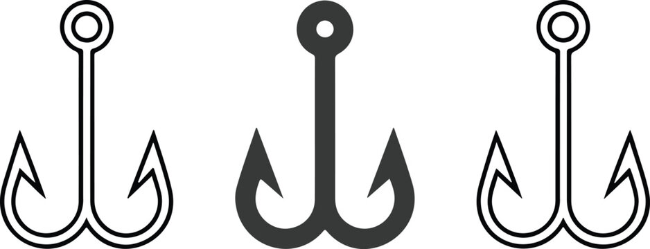 Minimalist fishing hook icon set vector illustration for maritime sports angling outdoor adventure decorative graphic design element