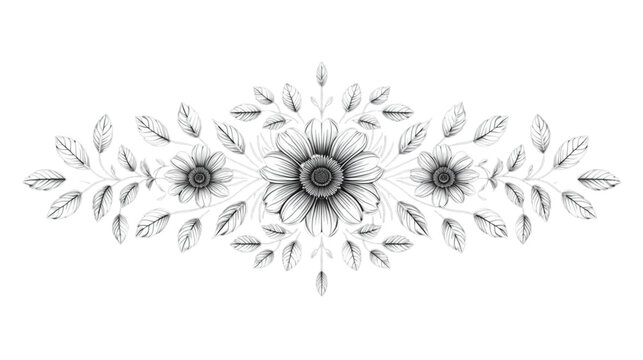 Floral Symmetry: An artistic black and white illustration showcases symmetrical floral patterns, featuring blooming flowers and delicate leaves.