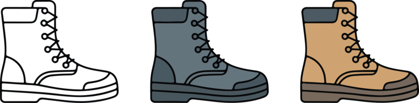 Minimalist winter combat boot icon set vector illustration of military hiking shoes for outdoor adventure apparel graphic element
