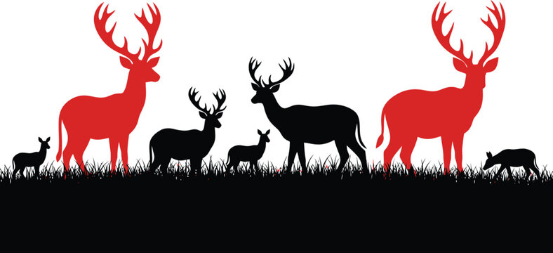 Deer Silhouettes Standing on Grassy Field at Sunset
