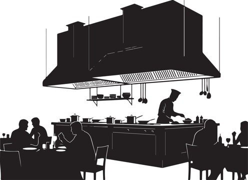 Black silhouette of chef cooking at restaurant kitchen diners