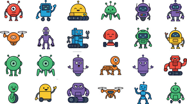Cute Robot and Alien Cartoon Character Collection with Funny Futuristic Mascots, AI Creatures, and Colorful Sci Fi Vector Illustrations for Kids Designs