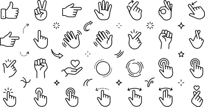 Hand drawn hand gesture doodle icons featuring touch click swipe pointing signs vector illustration collection for user interface