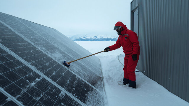 Solar Panel Array on Polar Research Station in Antarctica with Researcher Brushing Snow off Glass, Off-Grid Clean Energy, Climate Science, Remote Infrastructure