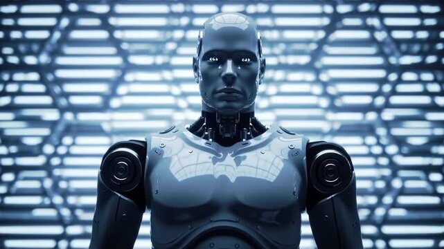 Futuristic humanoid robot cyborg in front of technical background.