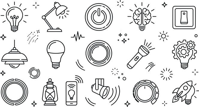 Hand drawn innovation and technology doodle icons featuring smart devices energy lighting futuristic vector illustration collection set bundle