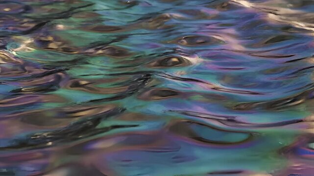 Closeup of iridescent oil slick on water surface with swirling colors.