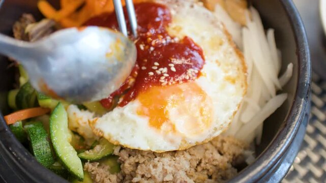Mixing Traditional Korean Bibimbap in a Hot Stone Dolsot Bowl