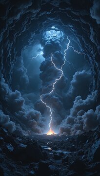 Inside Volcanic Ash Cloud Lightning Pyroclastic Dark Vertical Dramatic Science
