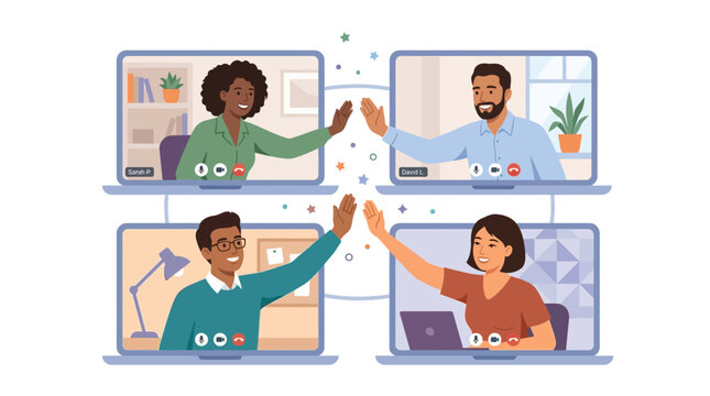 Group of Diverse People Celebrating Virtually on Video Calls.