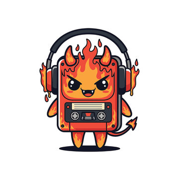 Infernal cassette tape demon illustration featuring a monster with magnetic tape tentacles, sharp fangs, and hellish glowing eyes, retro technology horror vector graphic.