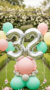 32nd Birthday Balloon Decoration with Pastel Colors and Silver Foil Numbers in a Garden Setting for Milestone Celebration Party Decor