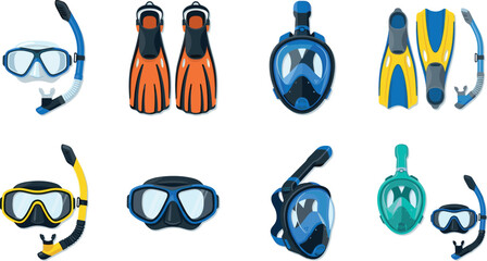 Snorkeling and Diving Equipment Icon Set with Scuba Mask, Fins, Snorkel Gear, and Underwater Swimming Accessories for Marine Sports Designs © KP Studio