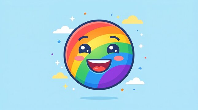 A colorful cartoon rainbow smiley face with clouds and stars
