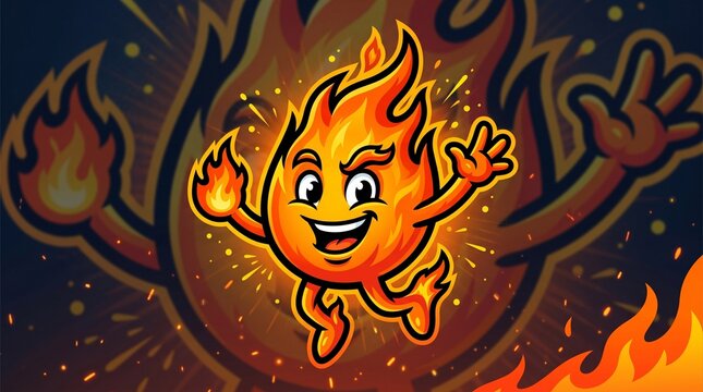 A cartoon fire character jumping with flames and sparks around it