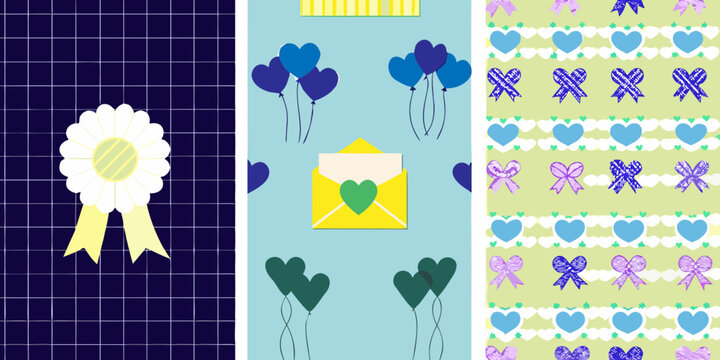 award ribbon balloons and envelope pattern on colorful backgrounds