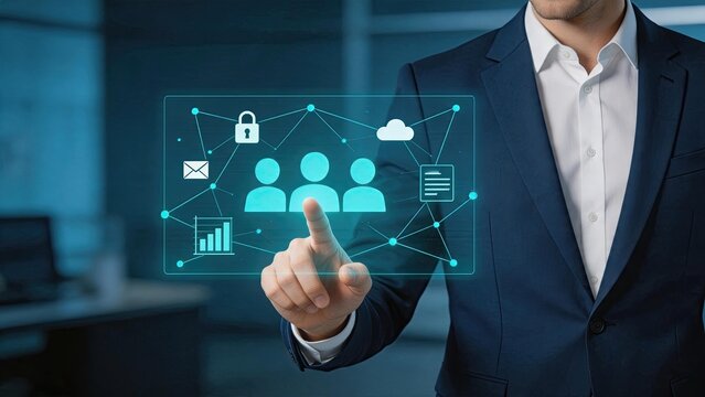 Manager selecting network security and cloud computing icons on virtual interface, representing data protection, cybersecurity, user management, and digital infrastructure for
