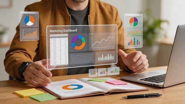 Person using futuristic holographic marketing dashboard interface with charts and graphs, analyzing consumer data, digital strategy planning, social media metrics, business