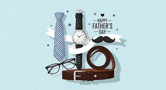 Father's Day greeting card design with blue gift box, eyeglasses, bowtie and mustache.