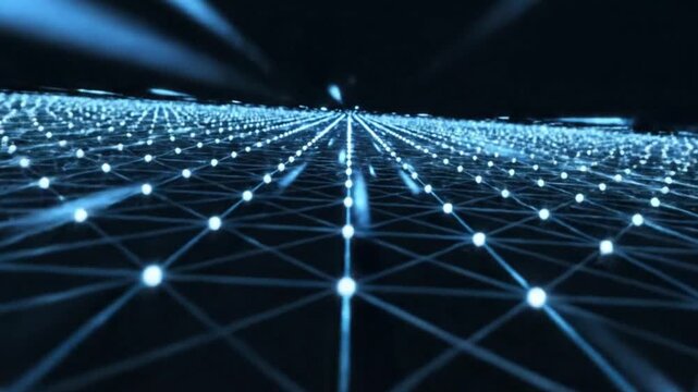 Abstract digital network grid with glowing blue nodes and connecting lines in a futuristic perspective