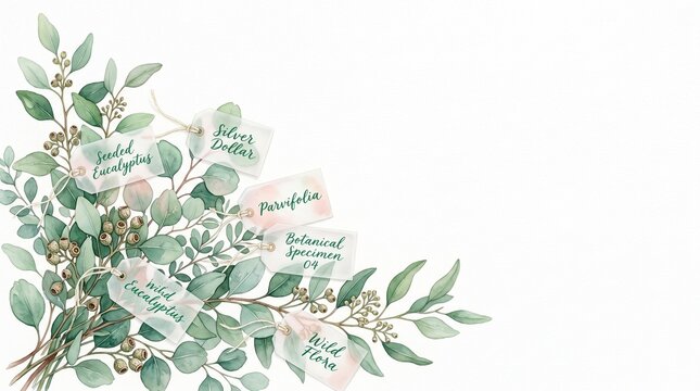 Watercolor eucalyptus bouquet, a delicate botanical illustration featuring silver dollar and seeded eucalyptus branches, perfect for wedding invitations and elegant design projects.
